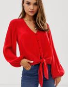 Asos Design Long Sleeve Button Front Top With Tie Detail-red