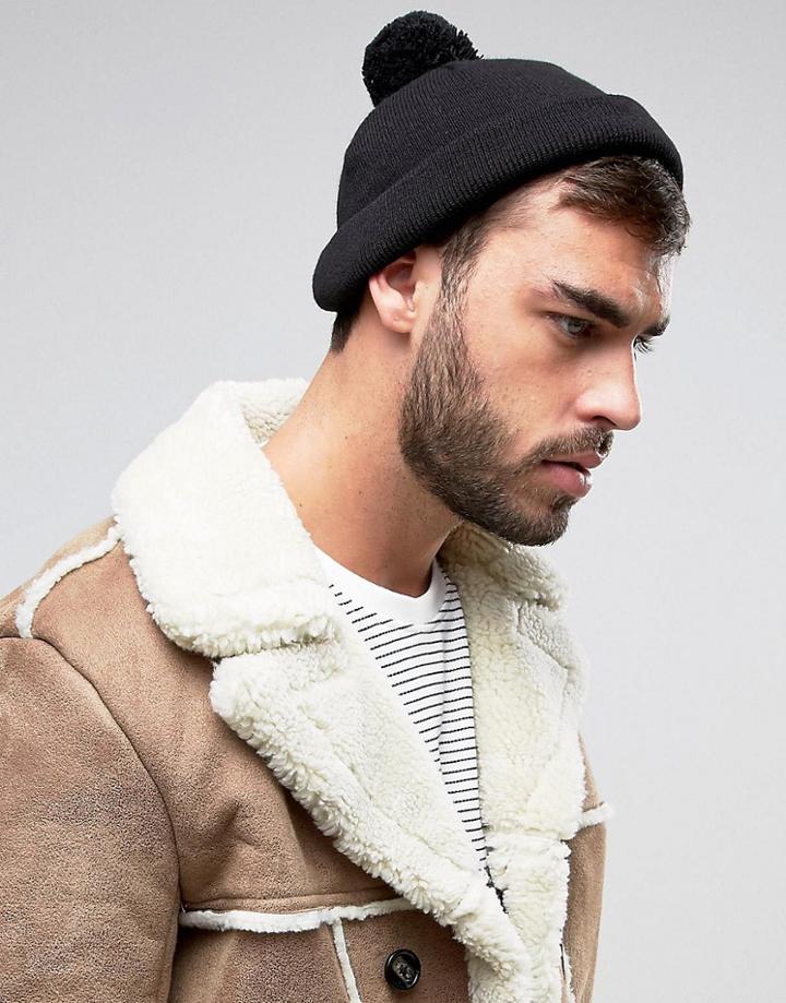 Asos Mini Fisherman Beanie With Pom - Black