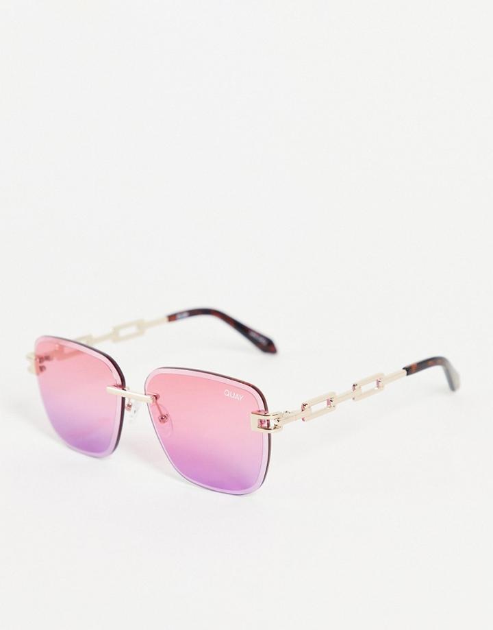 Quay X Saweetie No Cap Womens Rimless Square Sunglasses In Pink-black