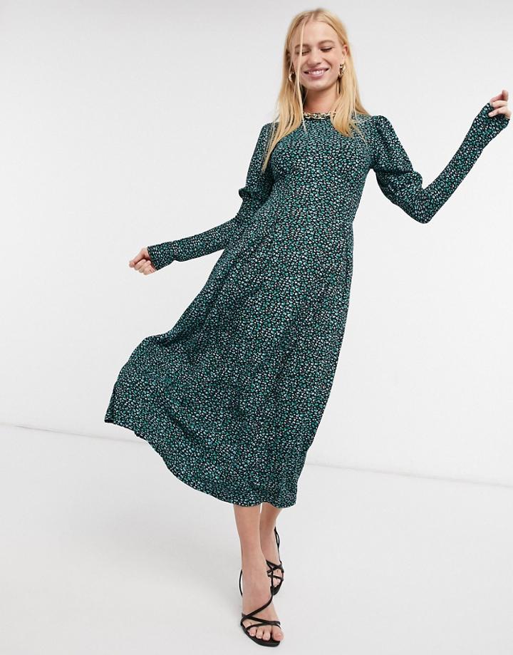 River Island Animal Print Puff Sleeved Slit Midi Dress In Green