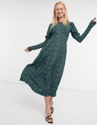 River Island Animal Print Puff Sleeved Slit Midi Dress In Green
