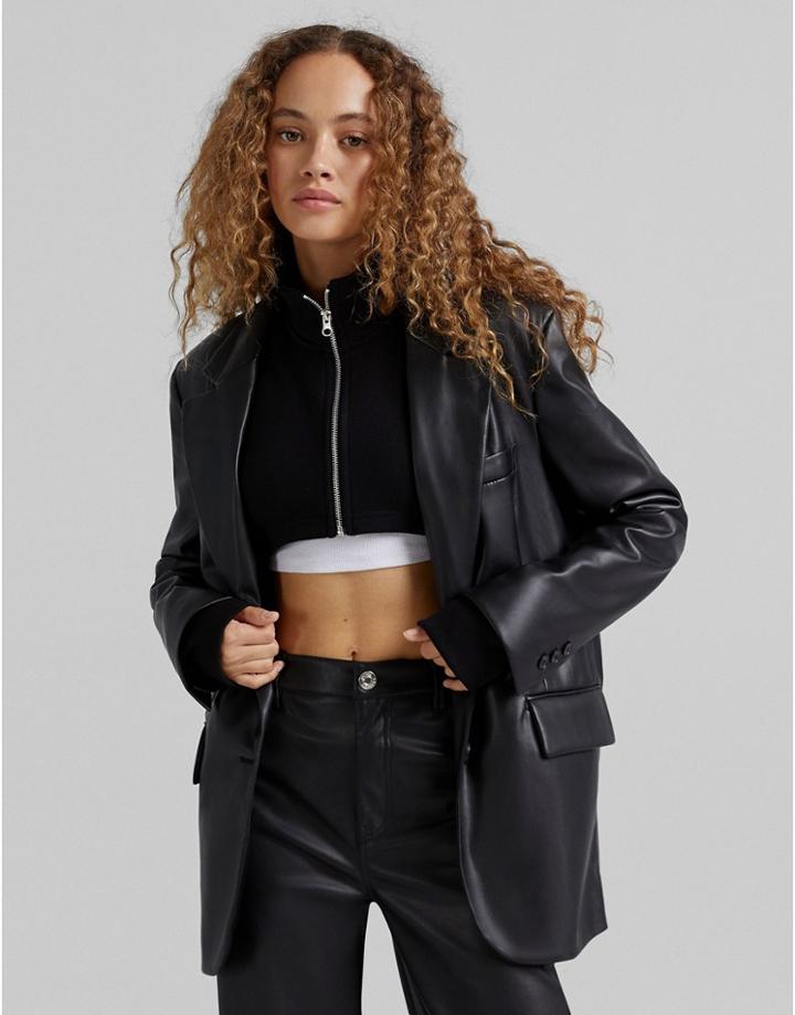 Bershka Oversized Faux Leather Blazer In Black
