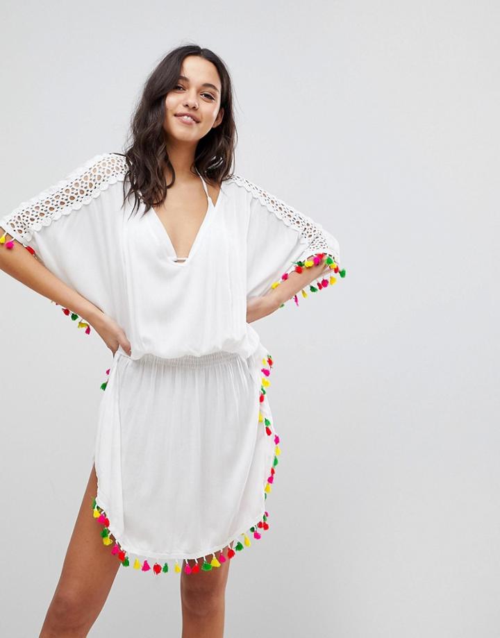 Anmol Neon Tassel Trim Beach Dress - White