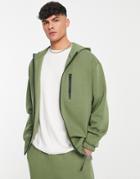 Asos Design Oversized Sweatshirt With Sport Zip In Khaki - Part Of A Set-green