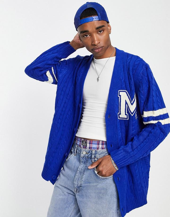 Mennace Varsity Knitted Cardigan In Blue With Off White Embroidery