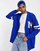 Mennace Varsity Knitted Cardigan In Blue With Off White Embroidery