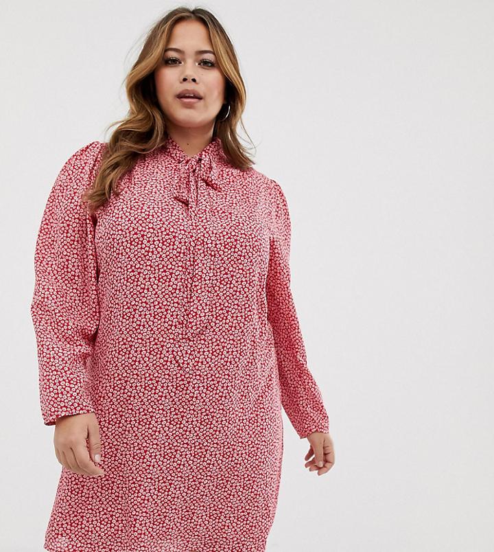 Fashion Union Plus Tie Neck Swing Dress In Floral - Pink