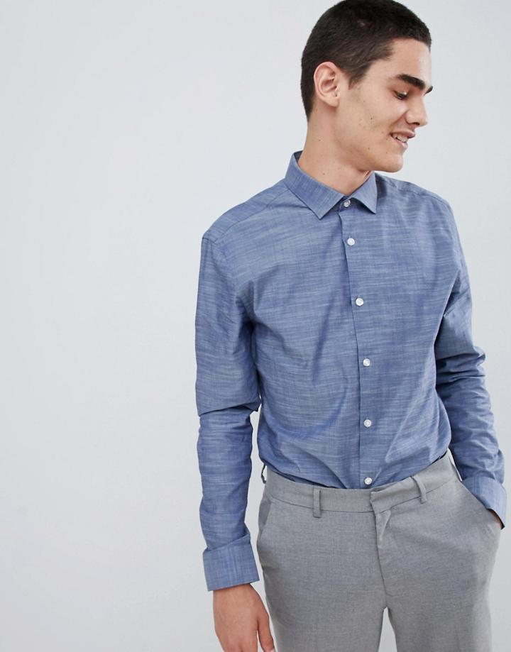 Moss London Long Stretch Sleeve Skinny Shirt In Slub - Blue