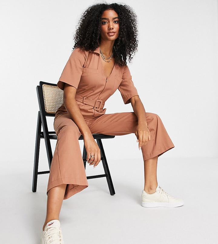 Asos Design Twill Zip Front Buckle Fit And Flare Jumpsuit In Rust-brown