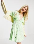 Asos Design Tea Dress With Horn Buttons In Green Daisy Print