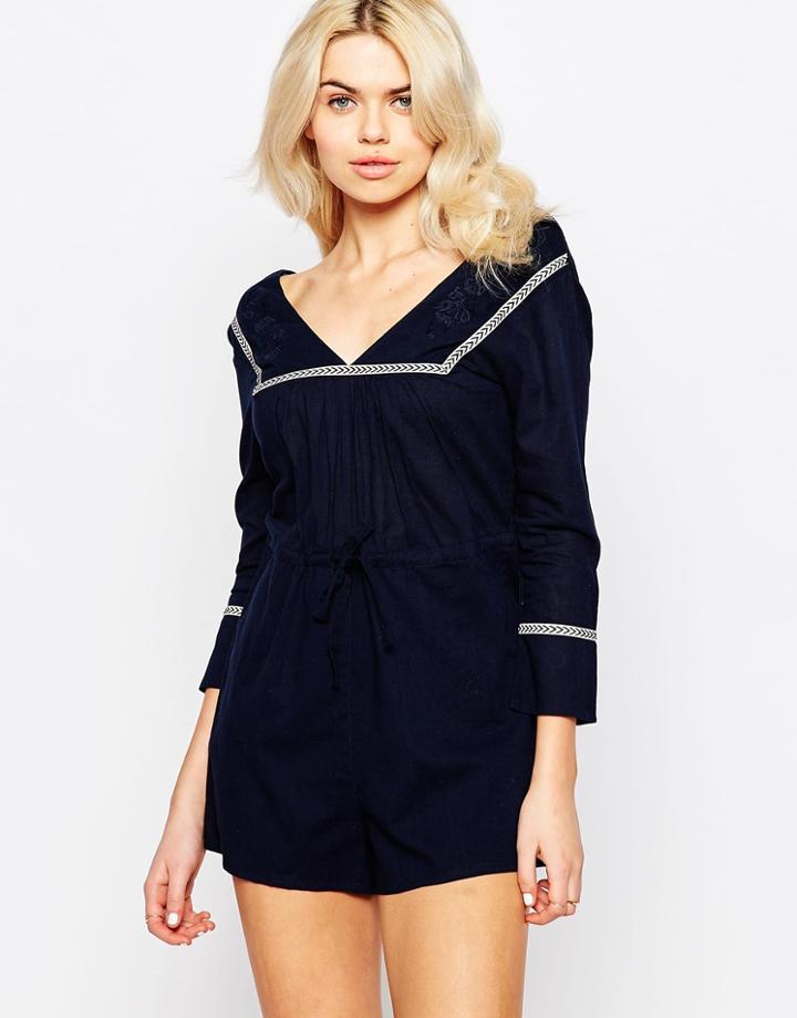 Influence Romper With Embroidery And Pintucks - Navy