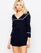 Influence Romper With Embroidery And Pintucks - Navy
