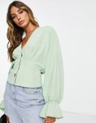 Asos Design Button Front Long Sleeve Tea Blouse With Pleat Detail In Pistachio Green