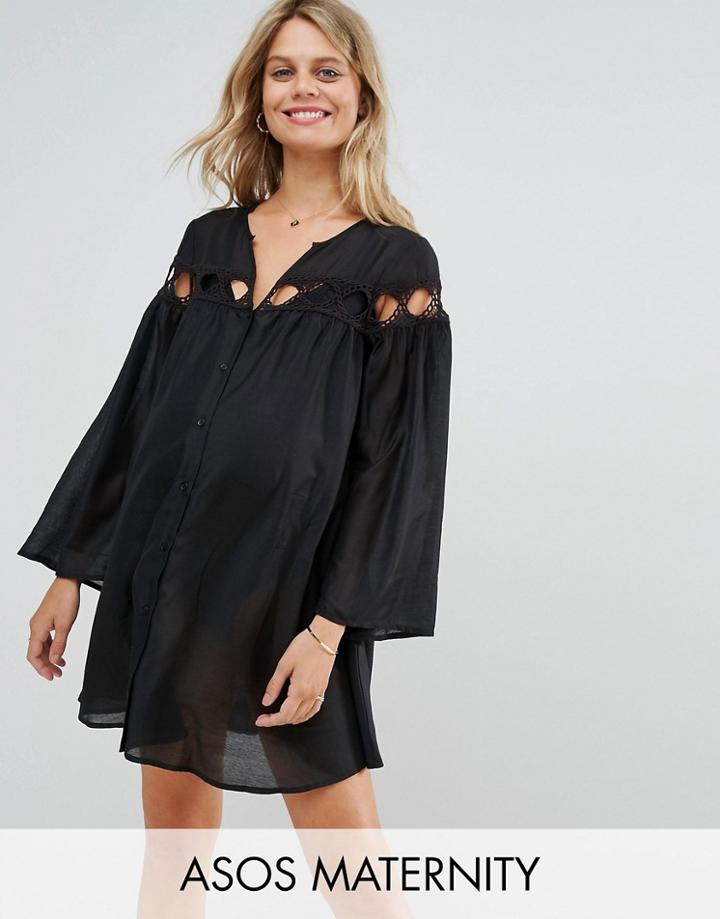 Asos Maternity Beach Cover Up Shirt With Lattice Insert Detail - Black