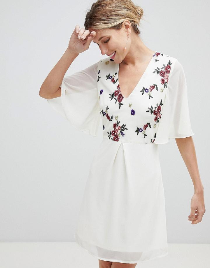 Little Mistress Embroidered Skater Dress With Kimono Sleeves - Cream