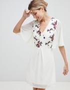Little Mistress Embroidered Skater Dress With Kimono Sleeves - Cream