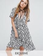 Milk It Vintage V Neck Dress With Ribbon Tie In Snake Print - Multi