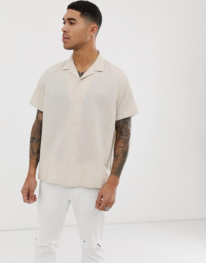 Asos Design Oversized Linen Shirt With Revere Collar In Ecru - Cream