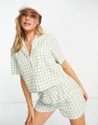 Miss Selfridge Gingham Button Through Cropped Shirt In Sage - Part Of A Set-green