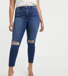 Asos Design Curve Ridley High Waisted Skinny Jeans In Dark Stonewash Blue With Busted Knees