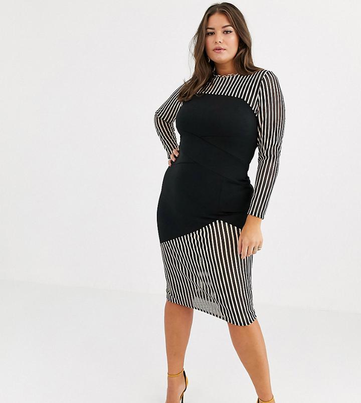 Asos Design Curve Self Stripe Paneled Midi Dress-black