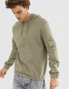 Asos Design Hoodie With Utility Pocket In Khaki - Green