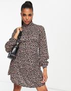 Asos Design High Neck Mini Dress In Black And Red Leopard Print
