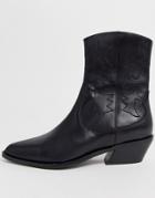 Asos Design Autumnal Leather Western Boots In Black - Black