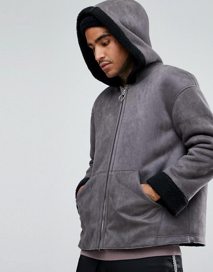Mennace Faux Shearling Jacket With Fleece Lining - Gray