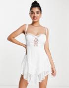 Love Triangle Lace Romper With Satin Inserts In White