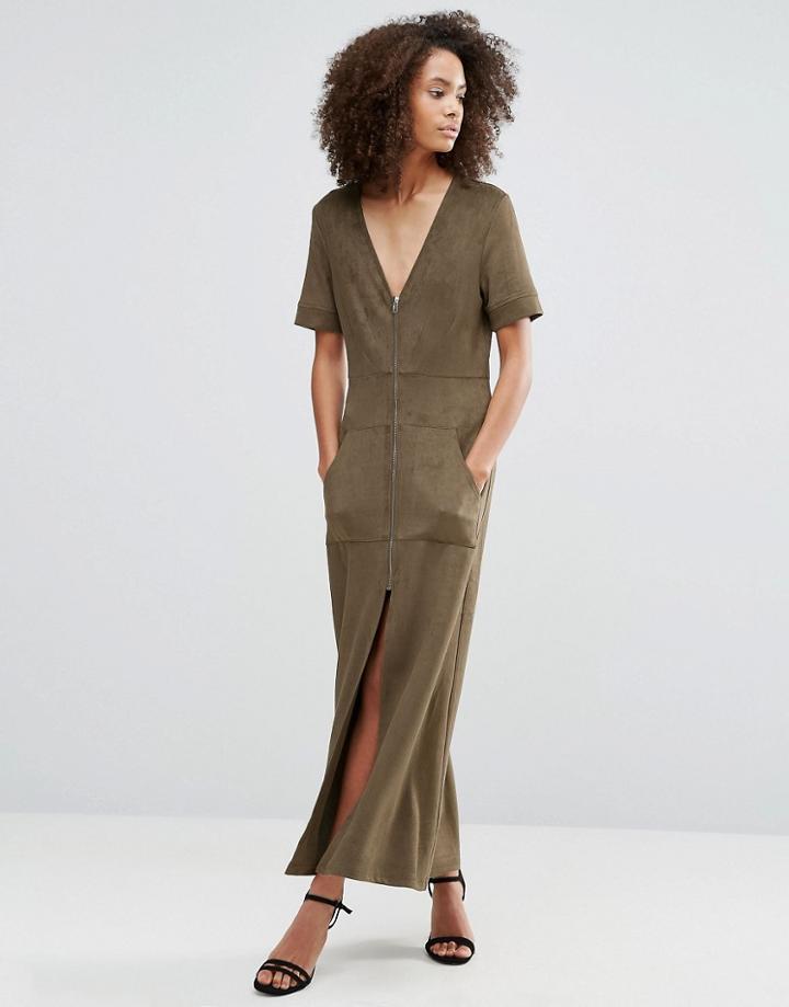 Liquorish Khaki Faux Suede Zip Front Maxi Dress - Green
