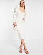 Asos Design Rib Puff Sleeve Midi Body-conscious Dress In Cream-white