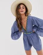 Asos Design Flare Sleeve Romper With Embroidered Trim-blue