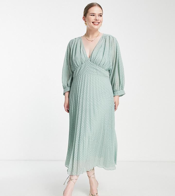 Asos Design Curve Pleated Batwing Midi Dress In Chevron Texture In Green-pink