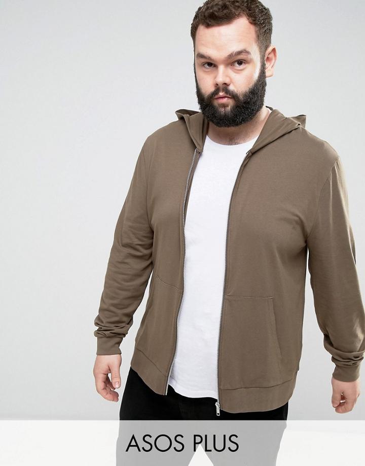 Asos Plus Lightweight Muscle Zip Up Hoodie In Brown - Brown