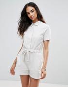 Frnch Tie Waist Shirt Front Romper - Beige