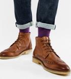 Asos Design Wide Fit Brogue Boots In Tan Leather With Natural Sole - Tan