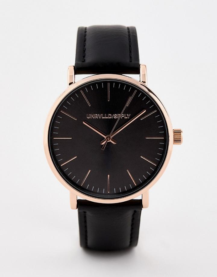 Asos Design Watch In Black With Rose Gold Case