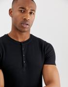 Asos Design Muscle Fit T-shirt With Grandad Neck In Waffle In Black - Black