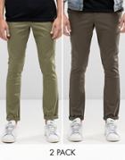 Asos 2 Pack Super Skinny Chinos In Dark Green And Light Khaki - Multi