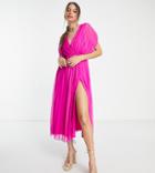 Asos Design Tall Pleated Wrap Front Midi Dress In Magenta-pink