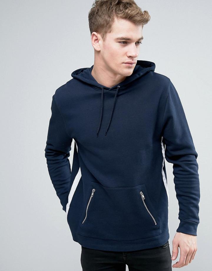Asos Hoodie With Tape Detail & Zip Pockets - Navy