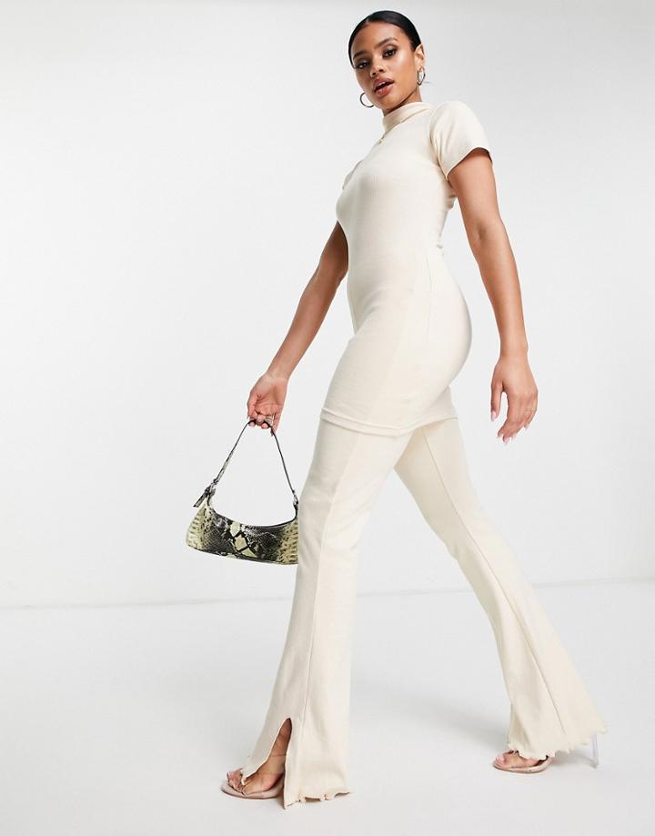 Public Desire Lettuce Hem Flared Ribbed Pants In Ecru -set-white