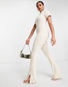 Public Desire Lettuce Hem Flared Ribbed Pants In Ecru -set-white