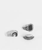 Asos Design 3 Pack Ring Set In Burnished Silver Tone