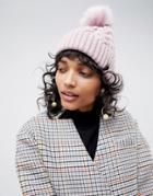 Asos Design Cable Faux Fur Pom Beanie In Recycled Polyester - Pink