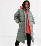Asos Design Petite Longline Puffer Coat With Contrast Hood In Sage