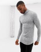 Asos Design Muscle Longline Long Sleeve T-shirt With Roll Neck And Curved Hem In Brushed Fabric In Gray - Gray