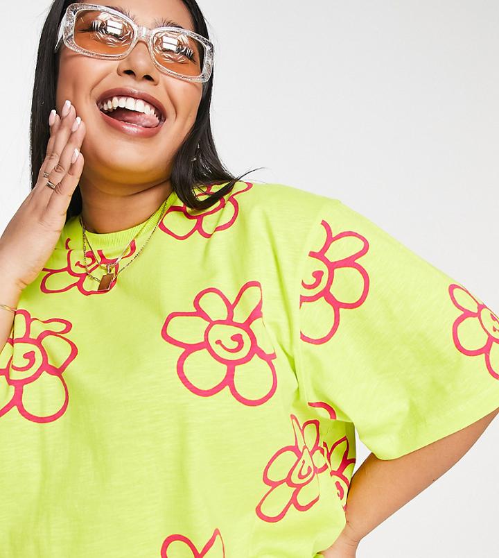 Collusion Plus Flower Print Oversized T-shirt In Yellow - Part Of A Set