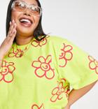 Collusion Plus Flower Print Oversized T-shirt In Yellow - Part Of A Set